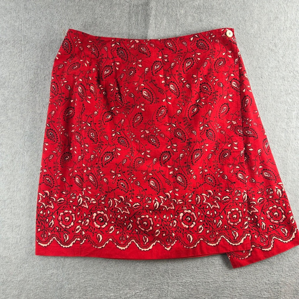 Charter Club Wrap Skirt Womens 8P Red Paisley Bandana Print Scalloped Hem Mini